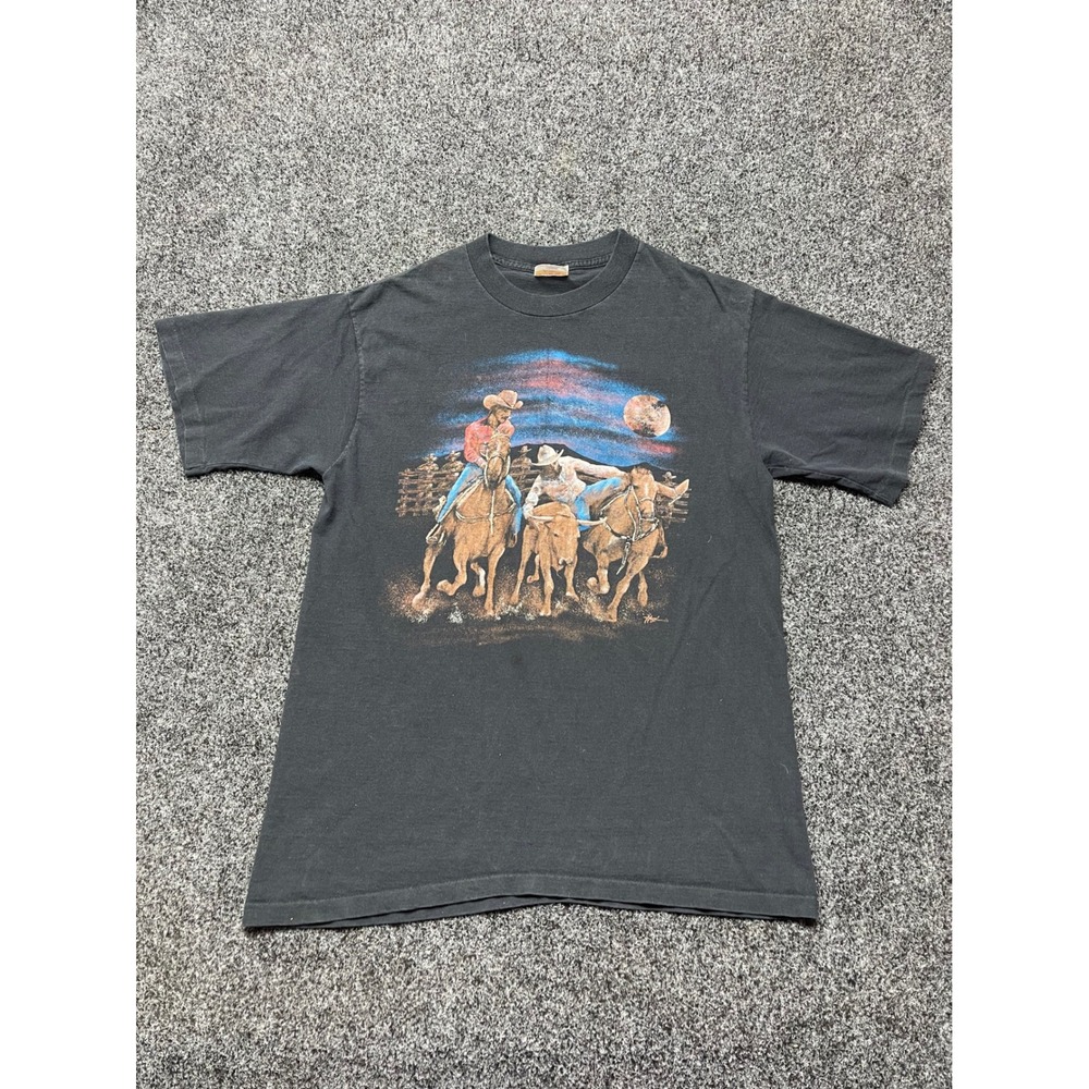 Vintage Hazelwood Team Premo Rodeo Graphic T-Shirt Mens Large Black Cowboy USA